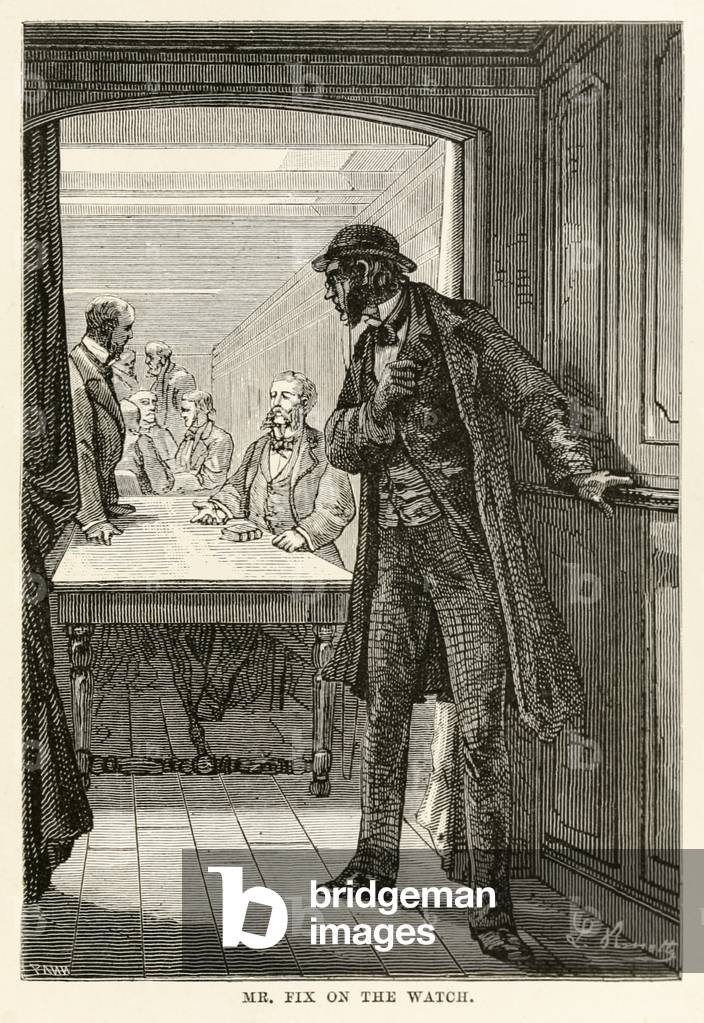 Mr. Fix on the watch, from 'Around the World in Eighty Days' by Jules Verne (1828-1905), engraved by Louis Dumont (b.1822), 1873 (engraving)