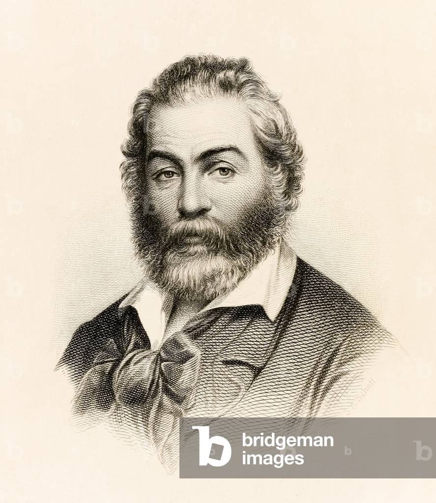 Frontispiece from a 1860 edition of 'Leaves of Grass' a collection of poetry by American poet Walt Whitman (engraving)