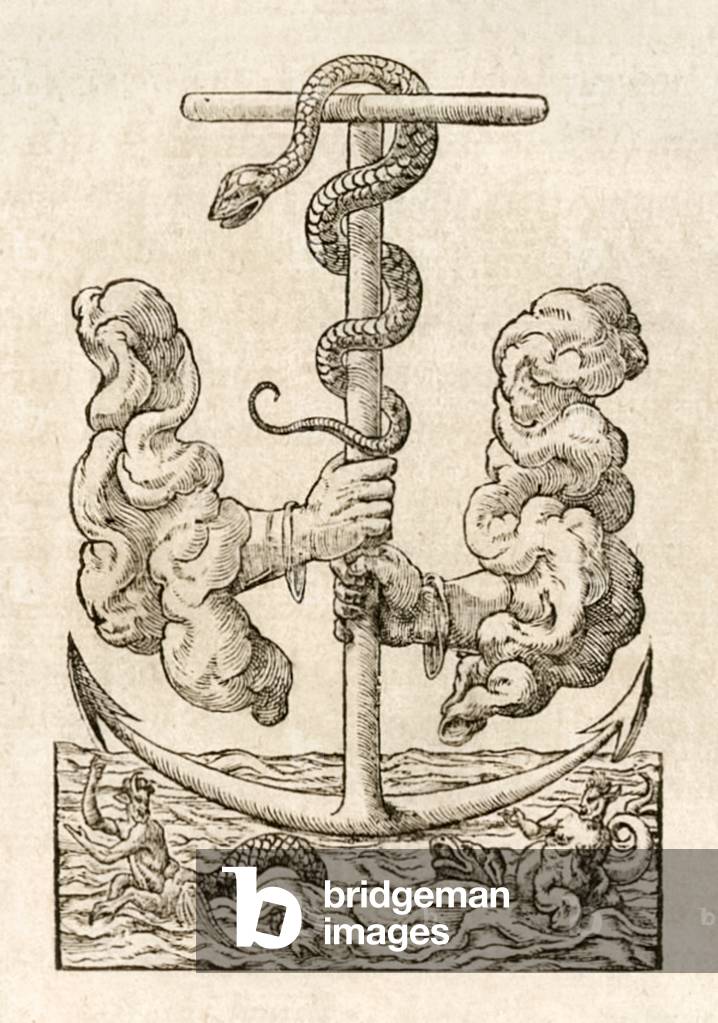 Nehushtan anchor held by two hands emerging from clouds publisher's or printer's device used by Apud Eustathium Vignon, Geneva during the 16th century