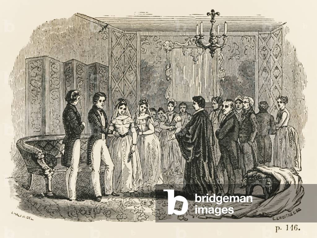 The wedding between Cora and Melville in the great parlour of Buckingham Hall. Illustration from Uncle Toms Cabin Contrasted with Buckingham Hall by Robert Criswell