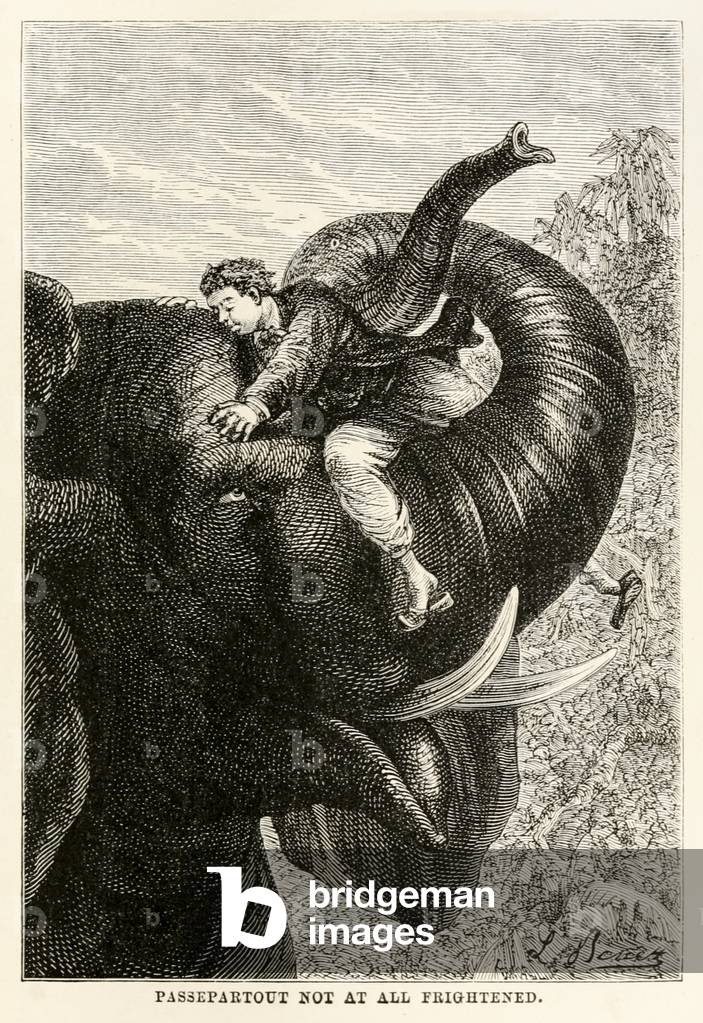 Passepartout not at all frightened, from 'Around the World in Eighty Days' by Jules Verne (1828-1905), 1873 (engraving)