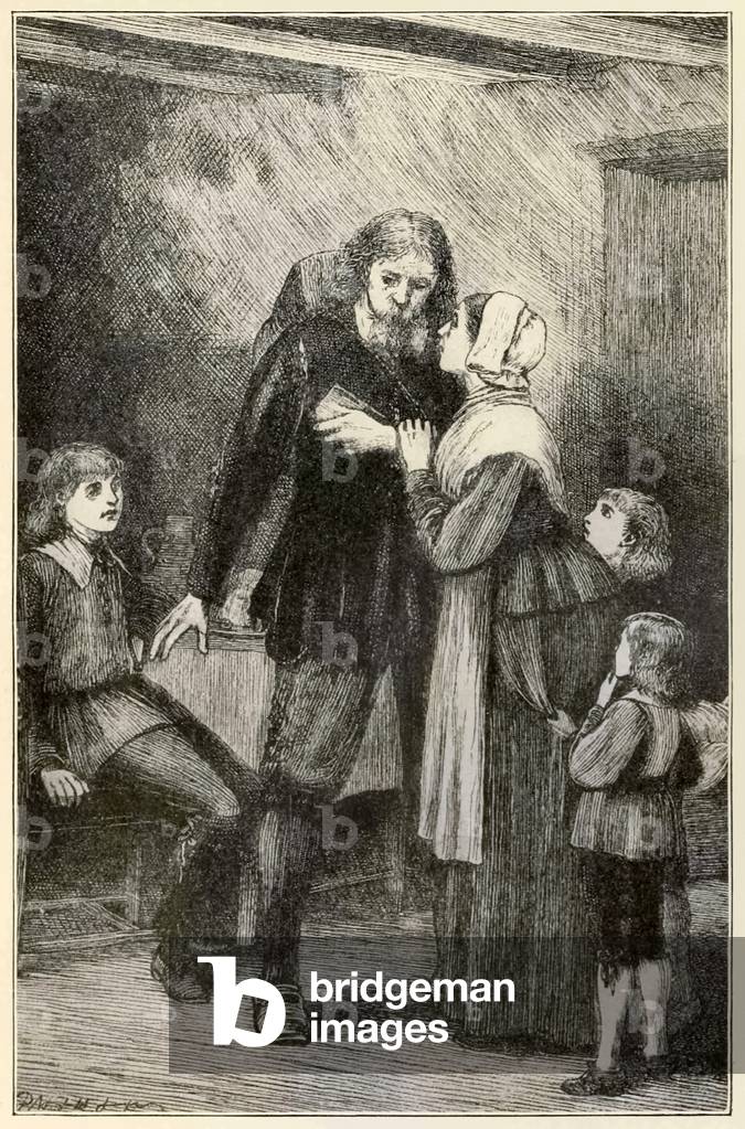 Christian confides in his wife' from 'The Pilgrim's Progress From This World, To That Which Is To Come' by John Bunyan (1628-1688) illustration by Thomas Dalziel (1823-1906) Christian with the heavy burden of his sins bids goodbye to his family.