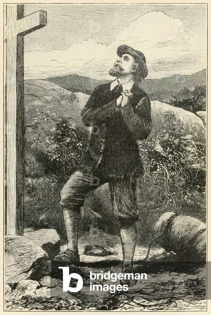 Christian before the cross' from 'The Pilgrim's Progress From This World, To That Which Is To Come' by John Bunyan (1628-1688) illustration by Thomas Dalziel (1823-1906) Christian's burden falls from his back as he reaches the Cross.