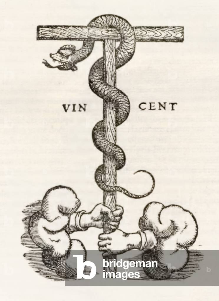 Nehushtan held by two hands emerging from clouds publisher's or printer's device used by Apud Vincentium Valgrisium in Venice during the 16th century