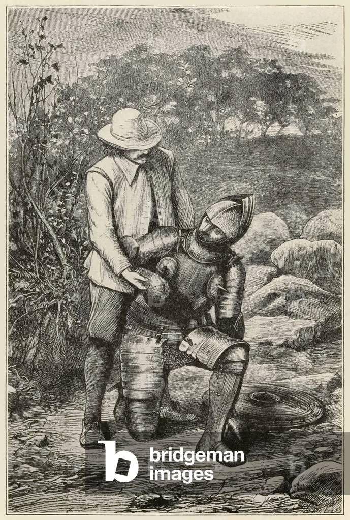 Christian and Faithful join company' from 'The Pilgrim's Progress From This World, To That Which Is To Come' by John Bunyan (1628-1688) illustration by Thomas Dalziel (1823-1906) Faithful helps the impetuous pilgrim to his feet.