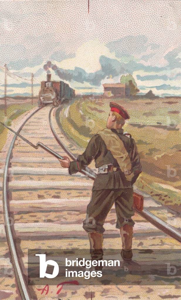 Soldier obstructing train tracks, 1900s (colour litho)