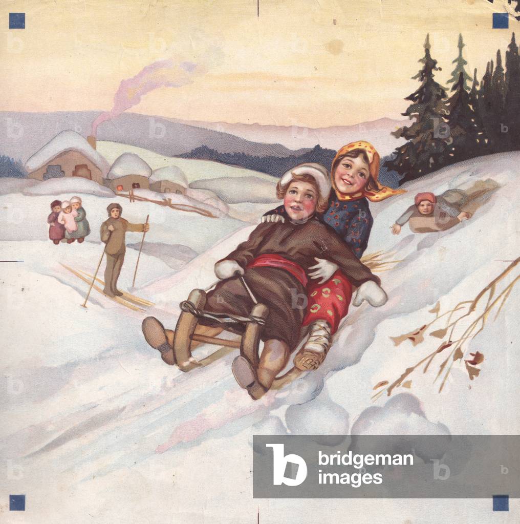 Playing in the snow, 1900s (colour litho)