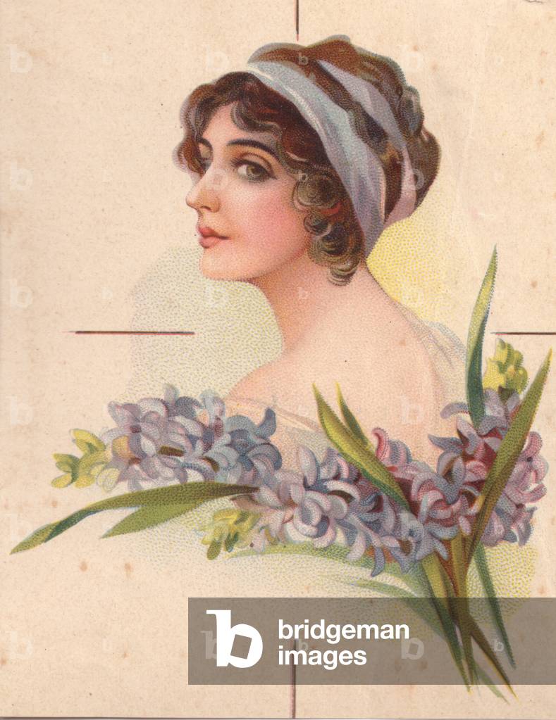 Woman with flowers, 1900s (colour litho)