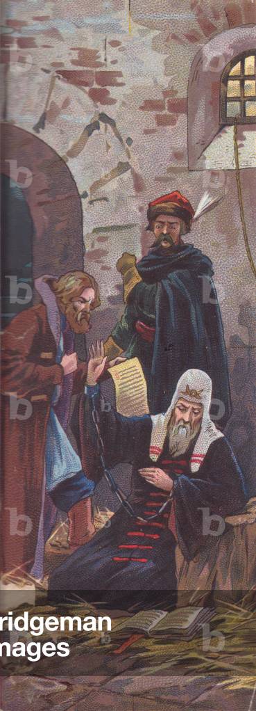 Priest in chains, 1900s (colour litho)