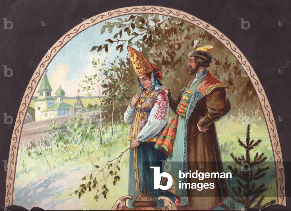 Man and woman in Russian dress, 1900s (colour litho)