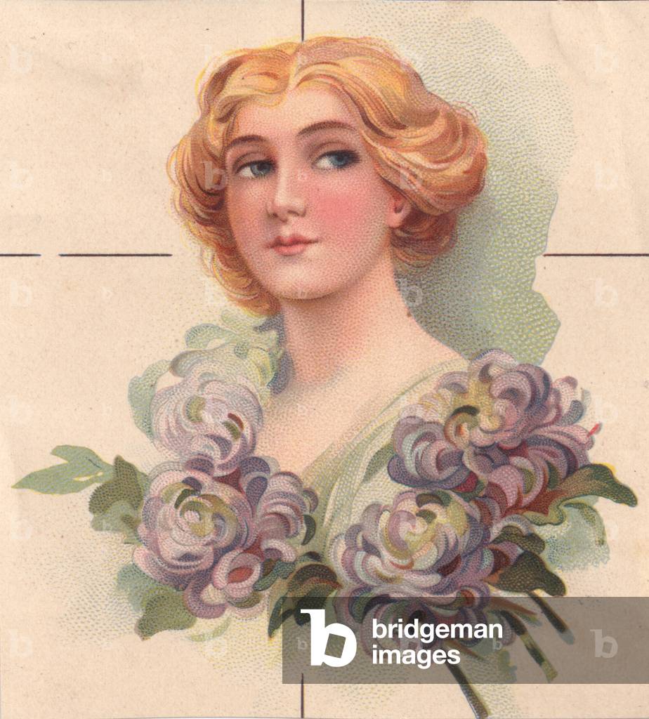 Woman with flowers, 1900s (colour litho)