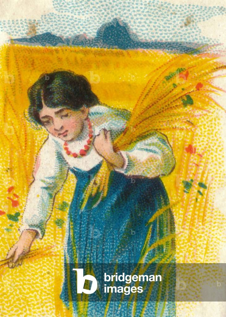 Girl in a field, 1900s (colour litho)