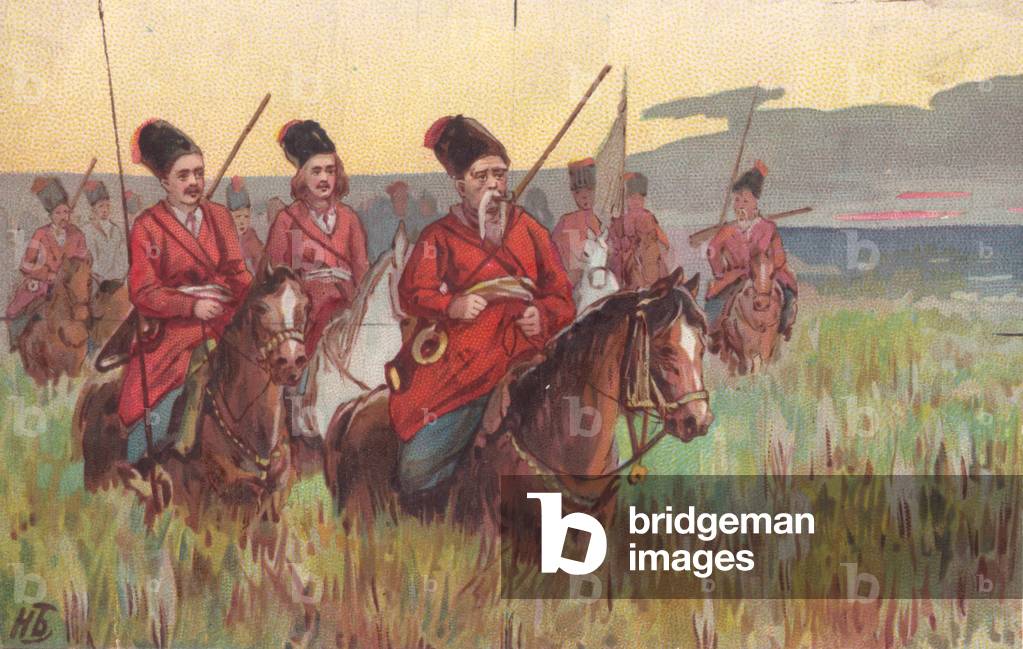 Soldiers on horseback, 1900s (colour litho)