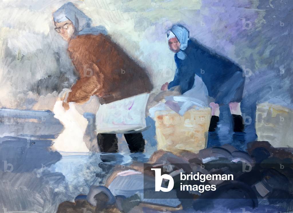 Women Washing on the Northern Dvina river, 1977 (gouache on paper)