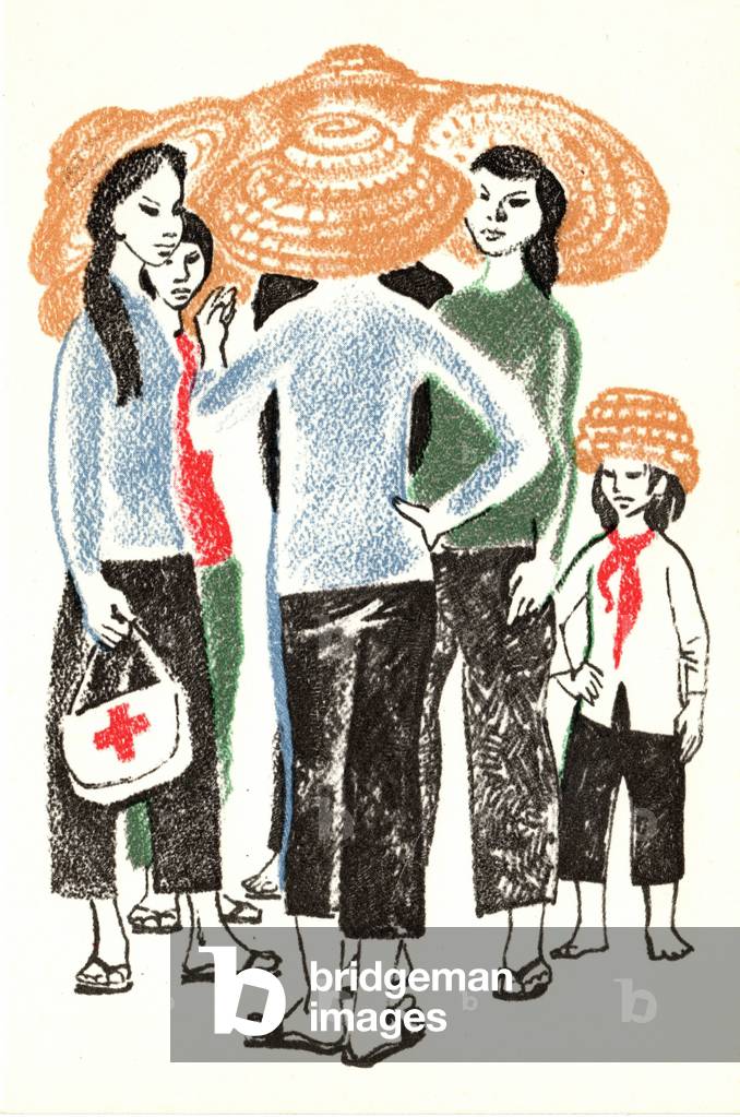 School Children Wearing Anti Shrapnel Hats, 1967 (colour litho)