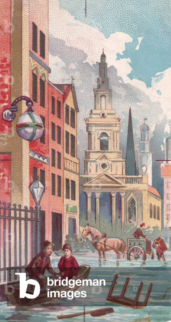 Flooded streets, 1900s (colour litho)