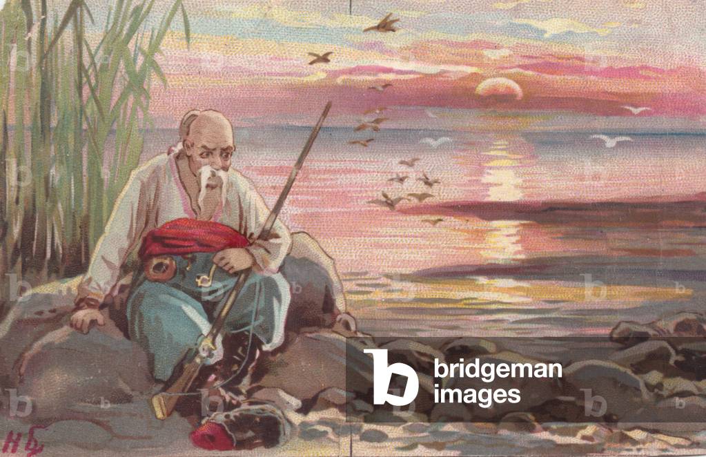 Man by the sea shore, 1900s (colour litho)