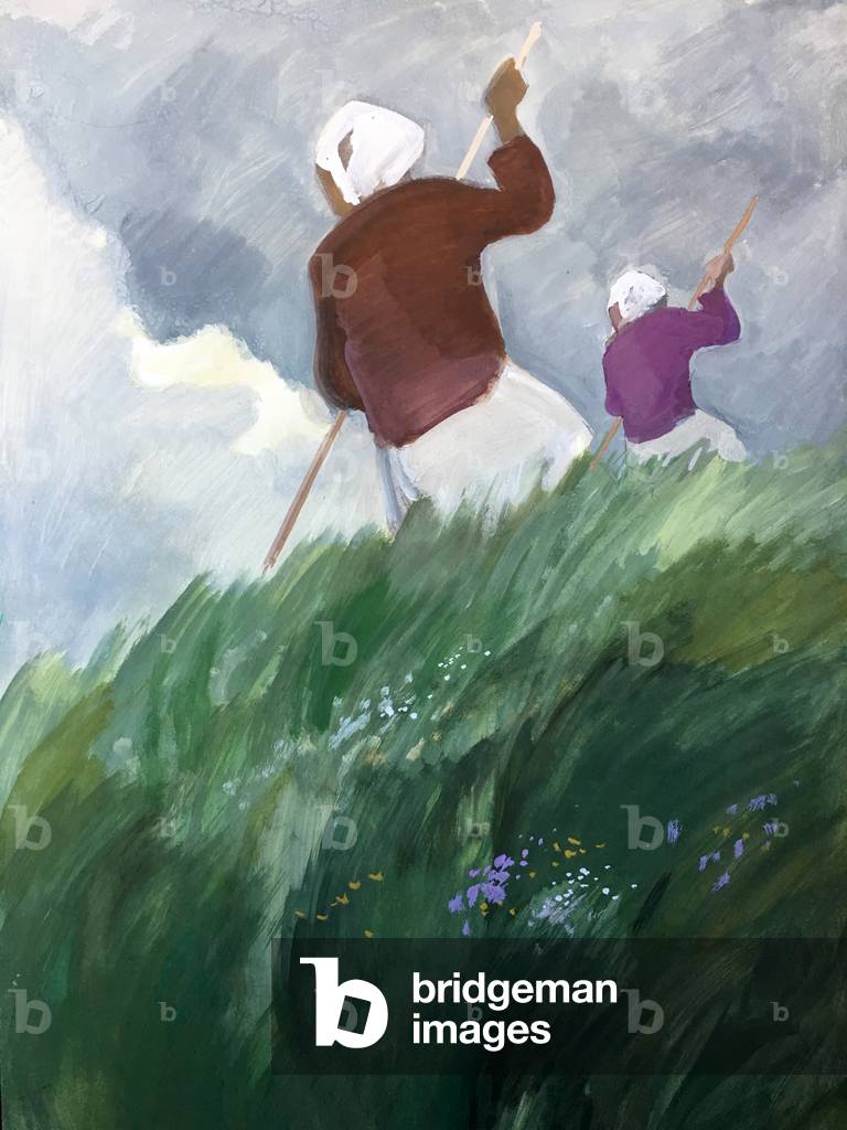 Harvesting Hay on the Vaga River, 1977 (gouache on paper)