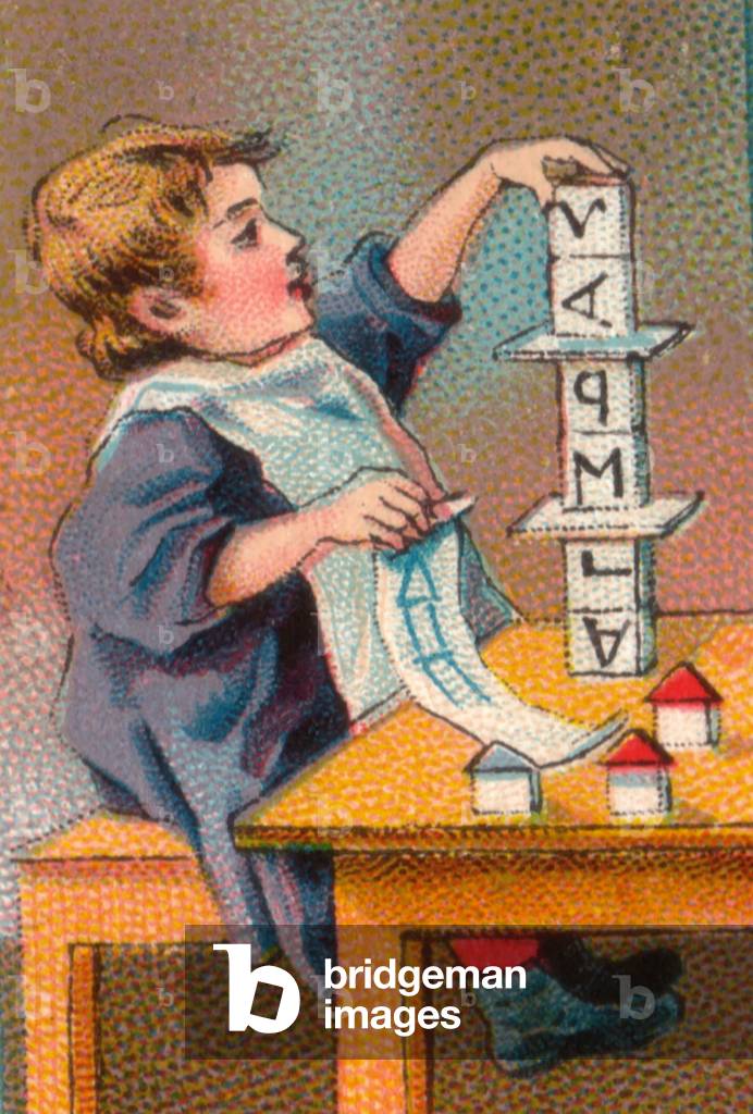 Child with building blocks, 1900s (colour litho)