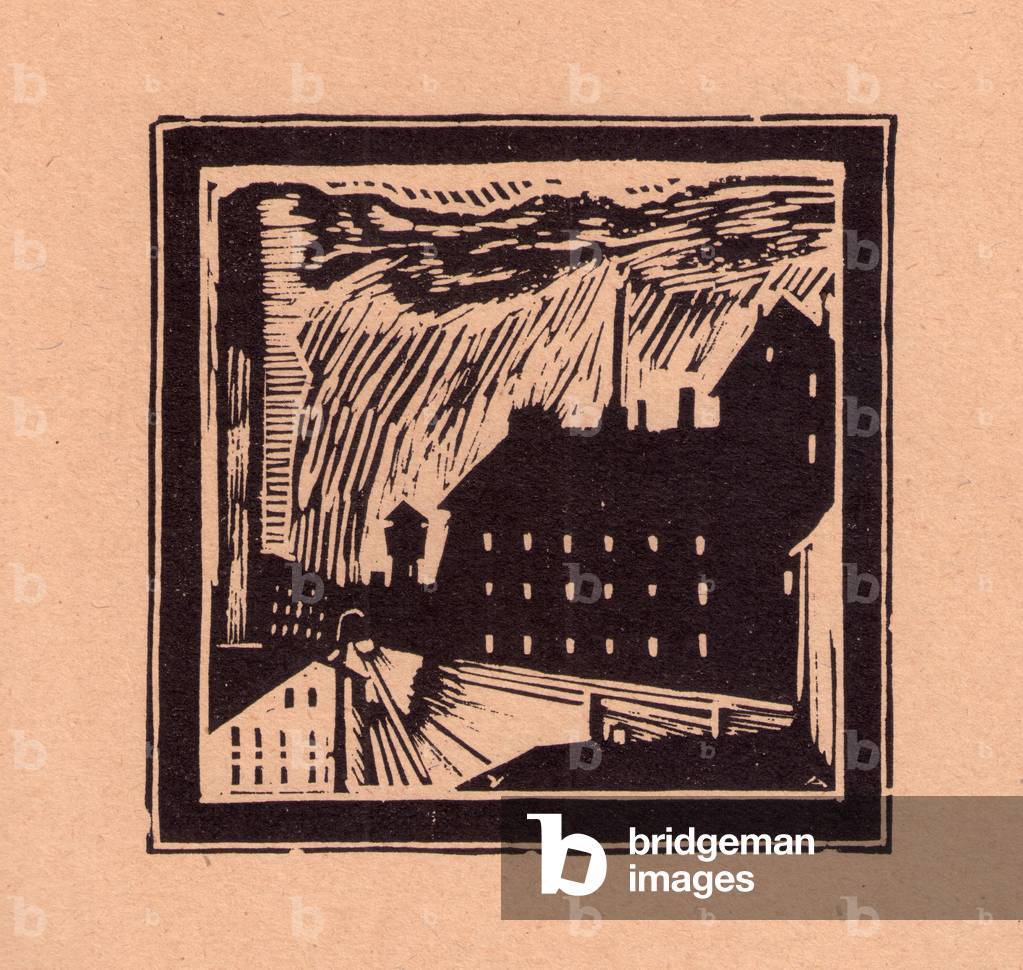 Night in the City. Factory., 1921 (linocut)