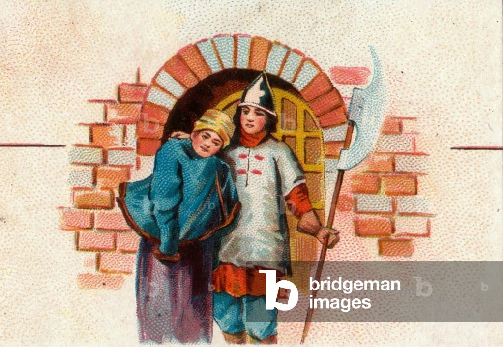 Armed guard with woman, 1900s (colour litho)