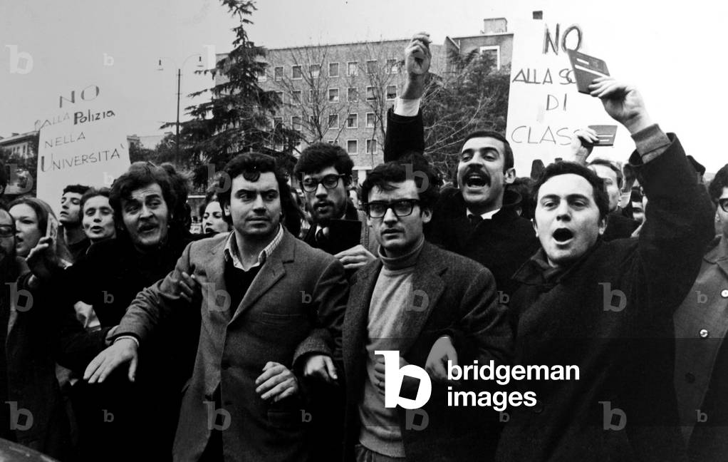 1968 manifestation etudiante : Claudio Petruccioli, Massimiliano Fuksas, Oreste Scalzone, Olivetti, Russo. Rome Photo Mordenti ©AGF/Leemage