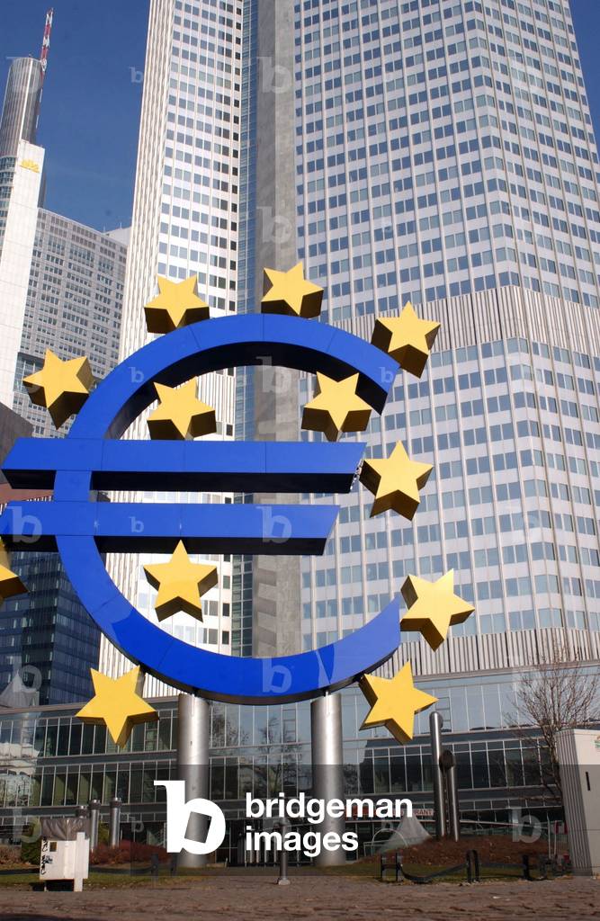 The sign representing the euro symbol in front of the headquarters of the European Central Bank (ECB) in Frankfurt, Germany.