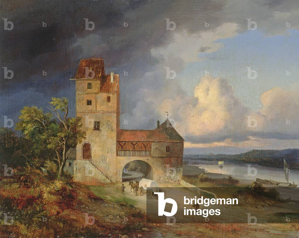Landscape by the River with the Tower and Gateway, 1844 (oil on board)