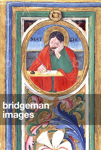 Ms 542 f.3v St. Matthew writing the first gospel from a psalter written by Don Appiano from the Church of the Badia Fiorentina, Florence, 1514-15