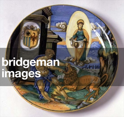 Dish depicting Hercules and the Nemean Lion by Francesco Xanto Avelli (fl.1525-45) (maiolica)