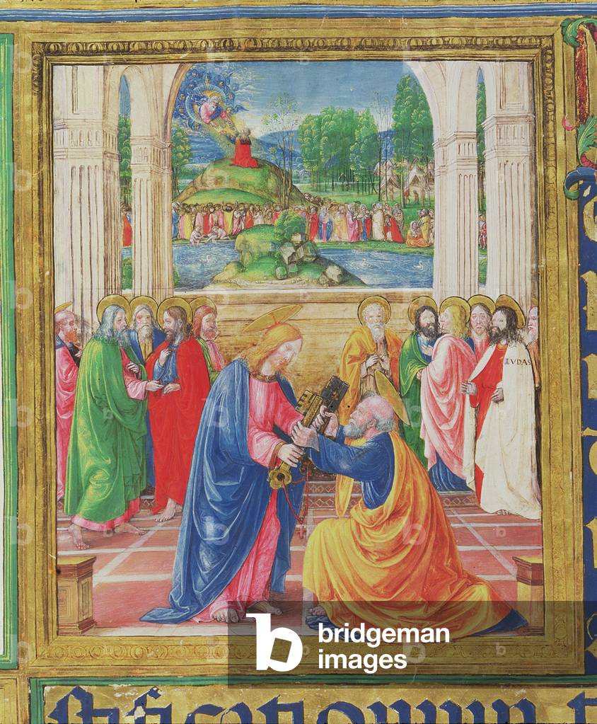 Ms 542 f. 3v Christus übergibt dem Heiligen Petrus die Schlüssel, im Hintergrund übergibt Gott Moses die Geset