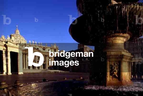 View of the Basilica and one of the fountains of Piazza San Pietro, Rome, Italy (photo)