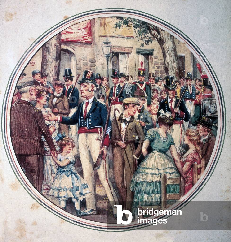 Processione dalla cattedrale di Barcellona, 1840, incorniciata dalla polizia catalana (Mossos d'esquadra), XIX