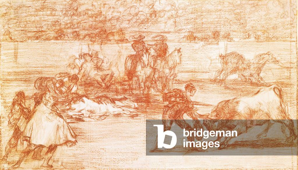 Image of Drawing depicting Tauromachie : un torero se prepare a tuer en utilisant un chapeau a la place de la 