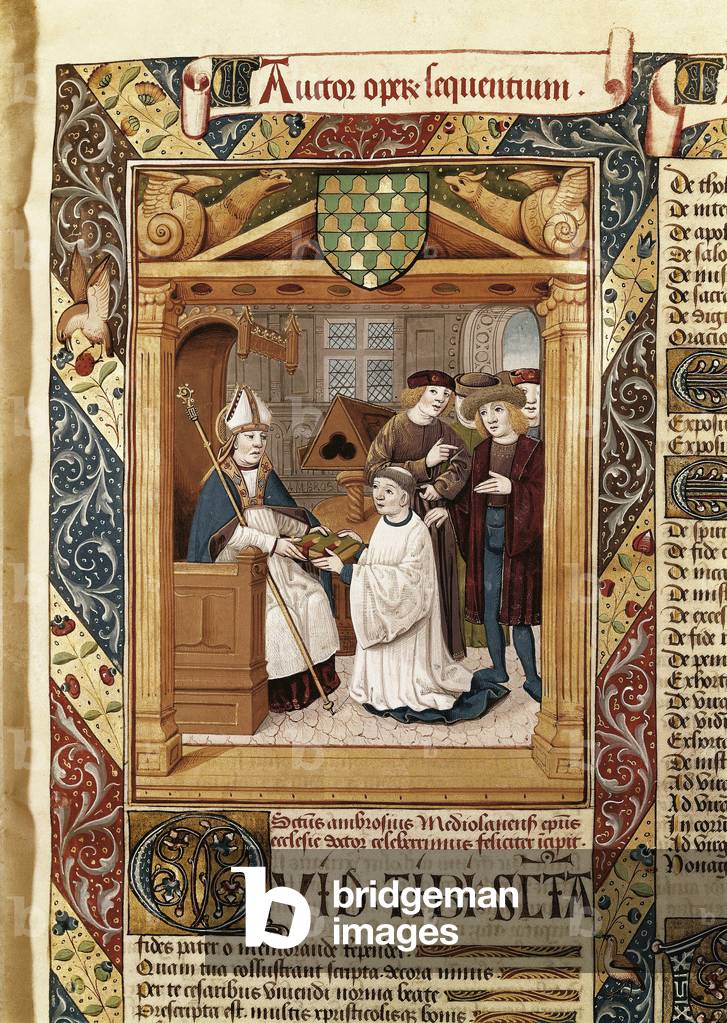 Der Heilige Ambrosius (339-397), Erzbischof von Mailand, präsentiert seine Werke einem Verwandten aus den „Wer