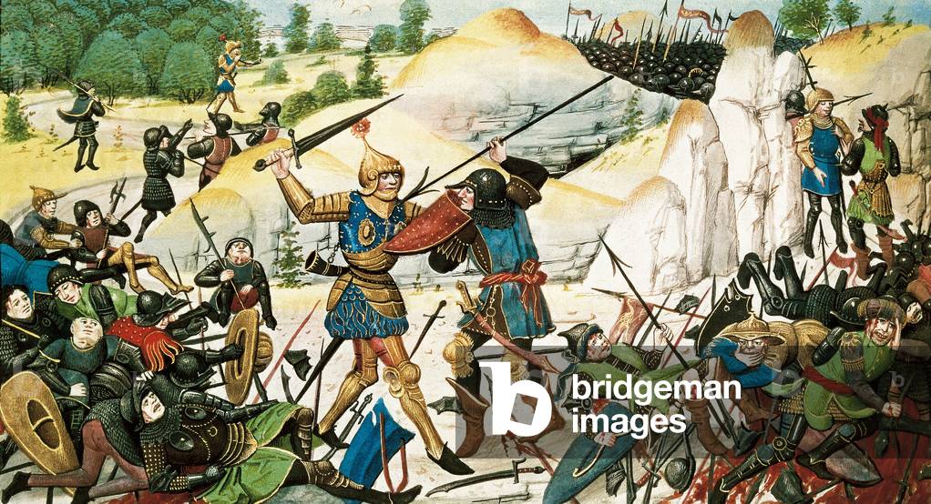 Tod des Ritters Roland, Neffe Karls des Großen, in der Schlacht von Roncesvaux (778) zwischen der Arma Karls d