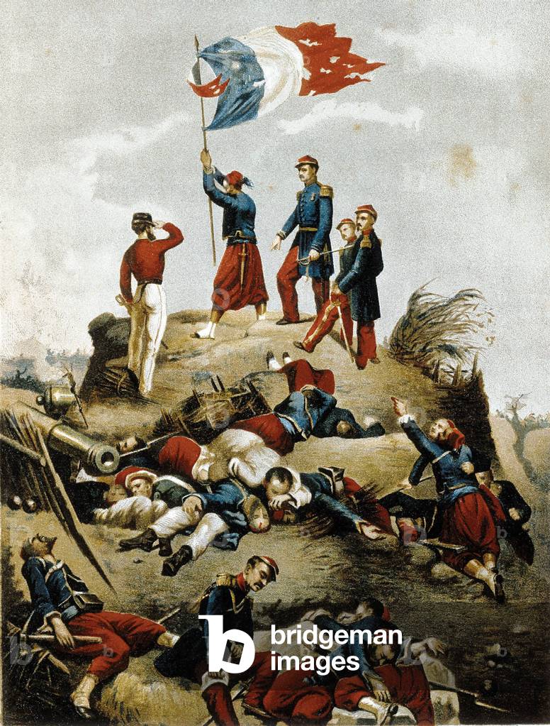 "Guerra di Crimea (1853-1856): la battaglia di Malakoff (1855). I soldati francesi issano la bandiera tricolor