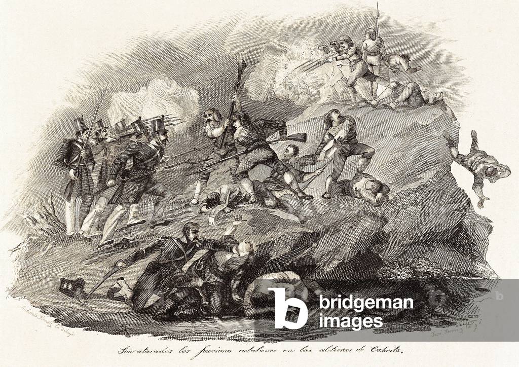 Catalan rebels attacks in Cambrils, Spain, 19th century (engraving)