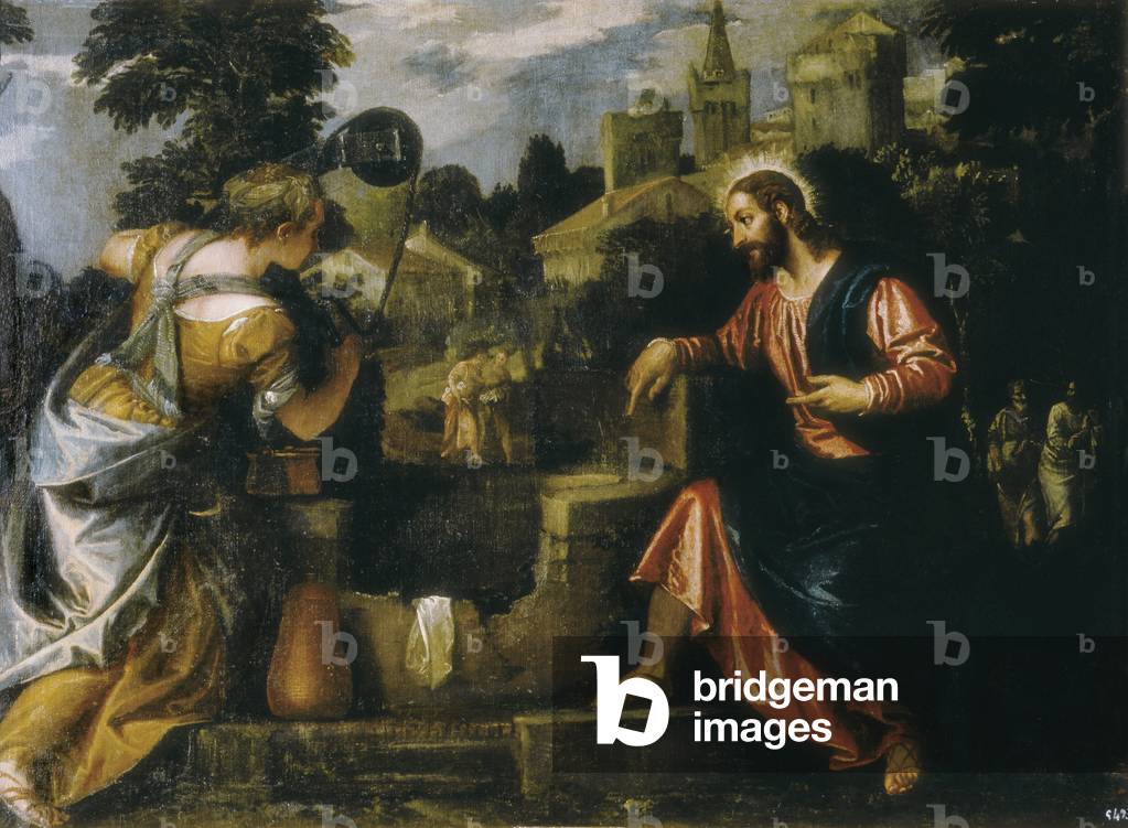 Bild von Gemälde "Christus und die samaritanische Frau am Brunnen. Gemälde von Paolo Caliari" 1580 von Paolo) 