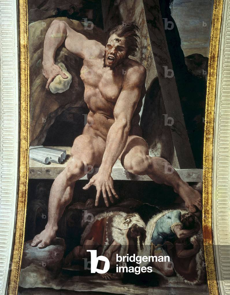 Odysseus und seine Gefährten fliehen aus der Höhle des Polyphemus. Fresko, 16. Jahrhundert Palazzo Poggi, Bolo