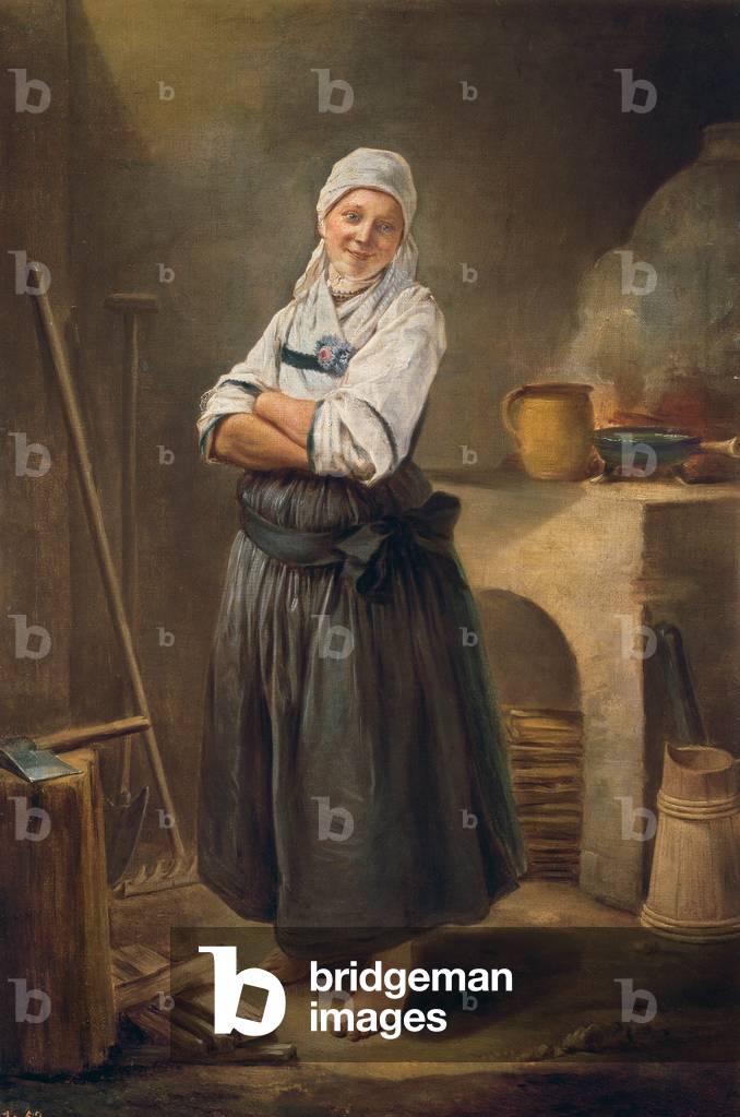 Una giovane donna dalla Sassonia nella sua cucina. Dipinto di Charles Francois Hutin (1715-1776). 1756.