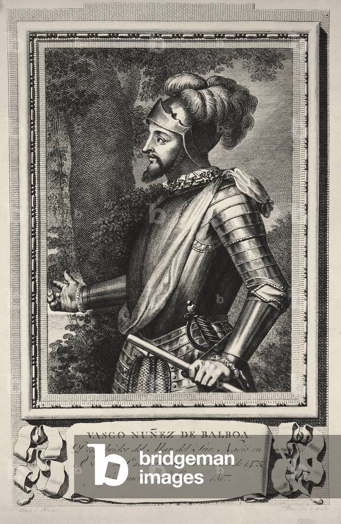 "Porträt von Vasco Nunez de Balboa (Stich)" von Unknown Artist, b/w