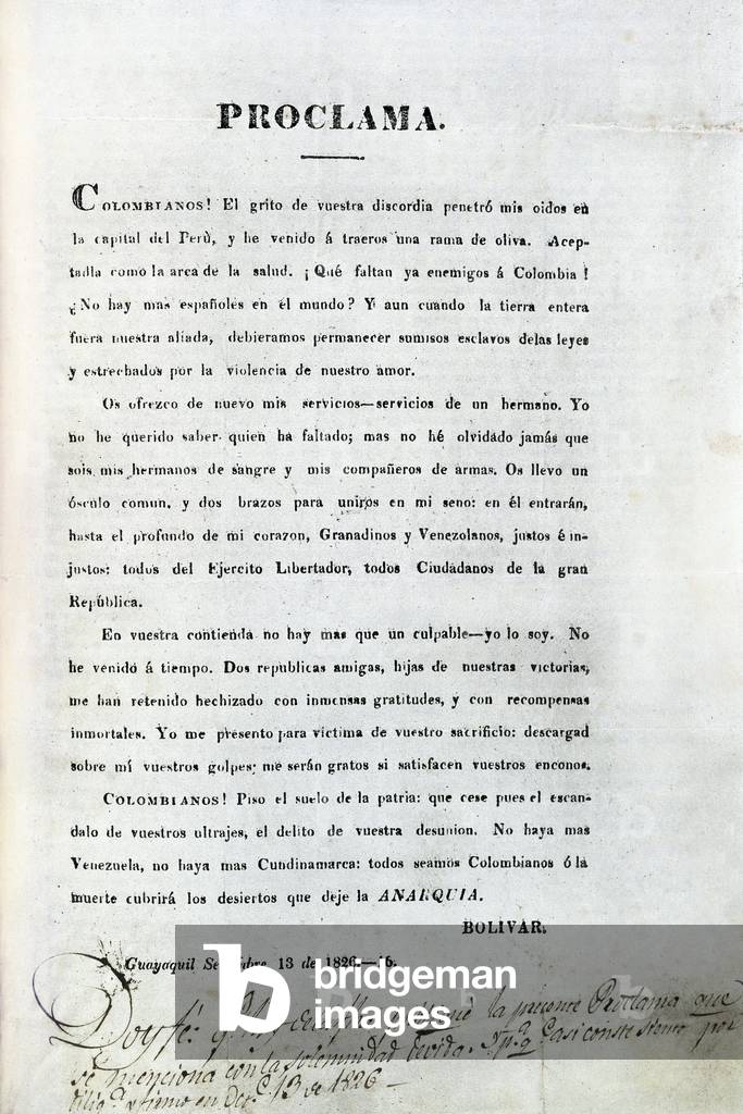 Independence of Colombia. Leaflet with the proclamation signed Simon Bolivar (September 13