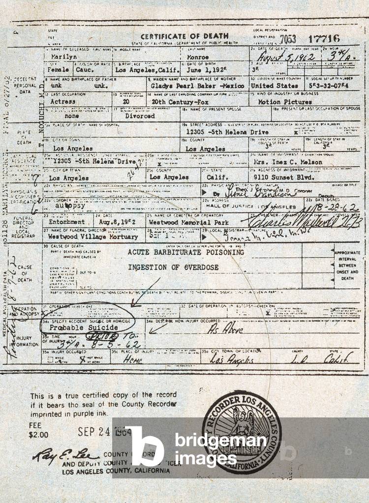 Image Of Death Certificate Of The Norma Jean Baker Aka Marilyn Monroe 