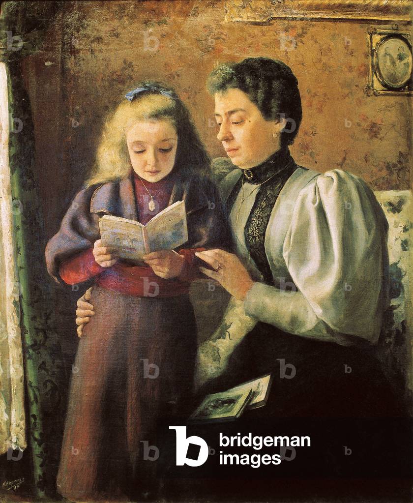 „" L'aide a la lecture "“ Detail. Peinture de Nicolas Esparza Perez (1873-1928). Dezember 1880 Pamplona. Musée