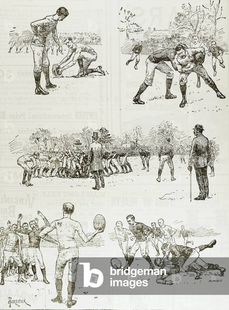 "Inghilterra (19 secolo). Partita di rugby. Illustrazione del 1887. Incisione." 1887, b/w