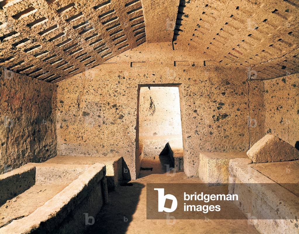 Etruscan architecture: tomb of painted lions. 2nd half of the 7th century BC. Cerveteri. Necropolis of Bandita