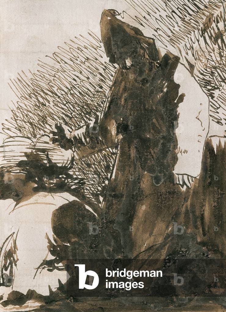 «" Personnages se prosternant devant un moine "». Lavis de Francisco de Goya y Lucientes (1746-1828). 1820. Ma