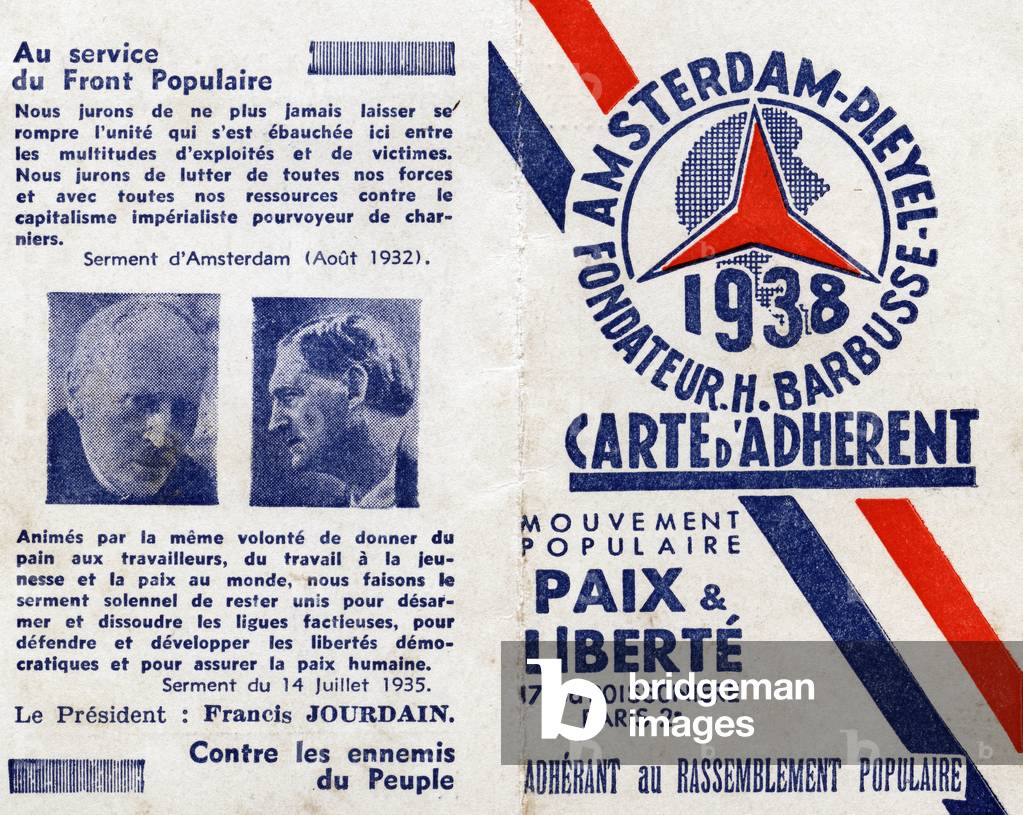 Carte d'adherent 1938 Mouvement populaire, paix et liberte.