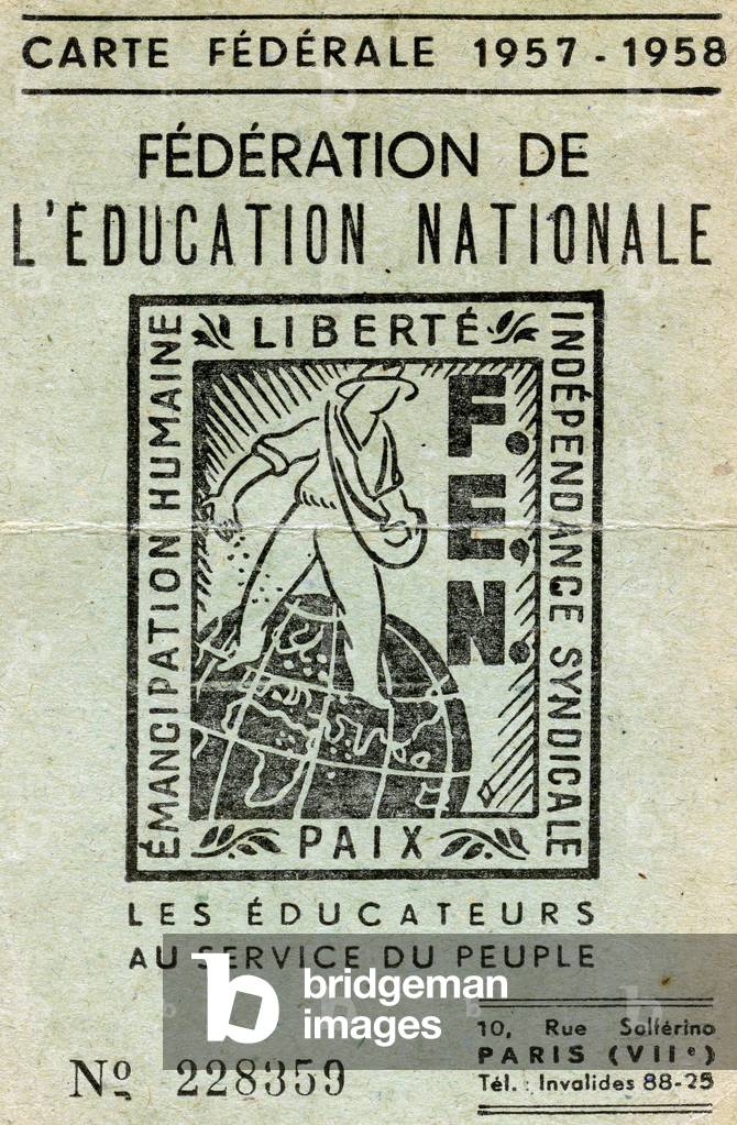 Card of the national education federation, France, 1957 - 1958